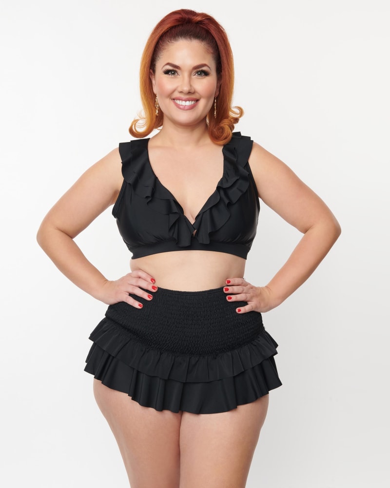 Unique Vintage Plus Size Black Ruffle Swim Top Black